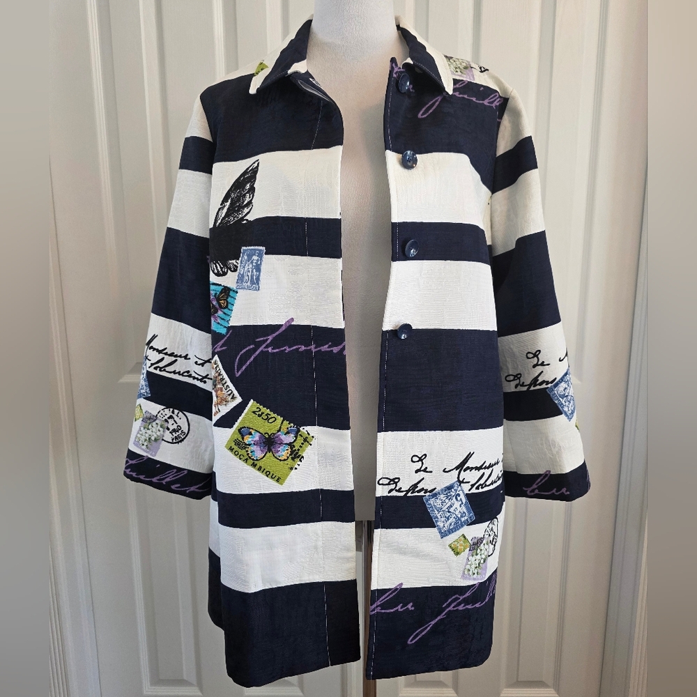 Chico's Postcard Print Stripe Jacket/Fully Lined SZ 2 US 12-14 - Picture 3 of 15